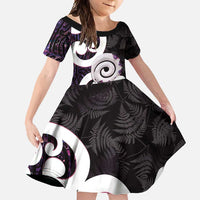 Aotearoa Koru Family Matching Mermaid Dress and Hawaiian Shirt Purple Maori Paua Shell Mix Silver Fern LT14 Daughter's Dress Black - Polynesian Pride