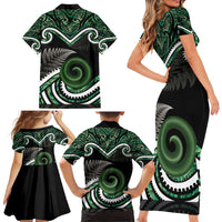 Koru Pounamu Aotearoa Family Matching Short Sleeve Bodycon Dress and Hawaiian Shirt Maori Paua Shell Mix Silver Fern LT14 - Polynesian Pride