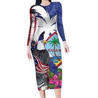 United States Guam Family Matching Long Sleeve Bodycon Dress and Hawaiian Shirt USA Eagle Guahan Seal Bougainvillea LT14 Mom's Dress Blue - Polynesian Pride