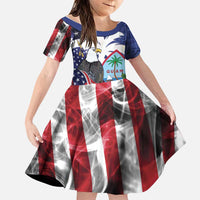 United States Guam Family Matching Off Shoulder Short Dress and Hawaiian Shirt USA Eagle Guahan Seal Bougainvillea LT14 Daughter's Dress Blue - Polynesian Pride