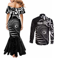 Personalised New Zealand Silver Fern Lacrosse Couples Matching Mermaid Dress and Long Sleeve Button Shirt Aotearoa Maori Pattern