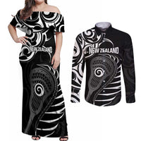 Personalised New Zealand Silver Fern Lacrosse Couples Matching Off Shoulder Maxi Dress and Long Sleeve Button Shirt Aotearoa Maori Pattern LT14 Black - Polynesian Pride