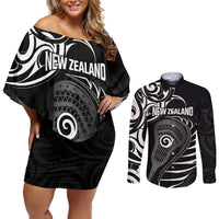 Personalised New Zealand Silver Fern Lacrosse Couples Matching Off Shoulder Short Dress and Long Sleeve Button Shirt Aotearoa Maori Pattern LT14 Black - Polynesian Pride