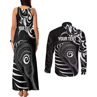 Personalised New Zealand Silver Fern Lacrosse Couples Matching Tank Maxi Dress and Long Sleeve Button Shirt Aotearoa Maori Pattern