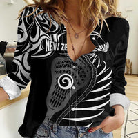 Personalised New Zealand Silver Fern Lacrosse Women Casual Shirt Aotearoa Maori Pattern LT14 Female Black - Polynesian Pride