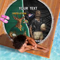 Personalised New Zealand And South Africa Rugby Beach Blanket 2024 All Black Springboks Mascots Together