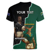 Personalised New Zealand And South Africa Rugby Women V-Neck T-Shirt 2024 All Black Springboks Mascots Together
