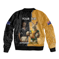Personalised New Zealand And Australia Rugby Sleeve Zip Bomber Jacket 2024 All Black Wallabies Mascots Together