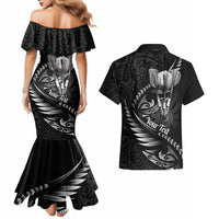Personalised All Black New Zealand Darts Couples Matching Mermaid Dress and Hawaiian Shirt Aoteroa Fern Maori Galaxy Style