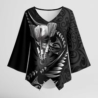 Personalised All Black New Zealand Darts Kimono Sleeve Blouse Aoteroa Fern Maori Galaxy Style LT14 Female Black - Polynesian Pride