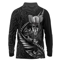 Personalised All Black New Zealand Darts Long Sleeve Polo Shirt Aoteroa Fern Maori Galaxy Style