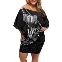 Personalised All Black New Zealand Darts Off Shoulder Short Dress Aoteroa Fern Maori Galaxy Style