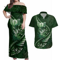 Personalised All Green New Zealand Darts Couples Matching Off Shoulder Maxi Dress and Hawaiian Shirt Aoteroa Fern Maori Galaxy Style