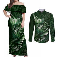 Personalised All Green New Zealand Darts Couples Matching Off Shoulder Maxi Dress and Long Sleeve Button Shirt Aoteroa Fern Maori Galaxy Style