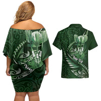 Personalised All Green New Zealand Darts Couples Matching Off Shoulder Short Dress and Hawaiian Shirt Aoteroa Fern Maori Galaxy Style