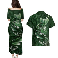 Personalised All Green New Zealand Darts Couples Matching Puletasi and Hawaiian Shirt Aoteroa Fern Maori Galaxy Style