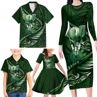 Personalised All Green New Zealand Darts Family Matching Long Sleeve Bodycon Dress and Hawaiian Shirt Aoteroa Fern Maori Galaxy Style