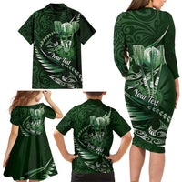 Personalised All Green New Zealand Darts Family Matching Long Sleeve Bodycon Dress and Hawaiian Shirt Aoteroa Fern Maori Galaxy Style
