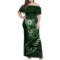 Personalised All Green New Zealand Darts Family Matching Off Shoulder Maxi Dress and Hawaiian Shirt Aoteroa Fern Maori Galaxy Style