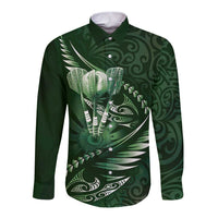 Personalised All Green New Zealand Darts Long Sleeve Button Shirt Aoteroa Fern Maori Galaxy Style