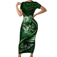Personalised All Green New Zealand Darts Short Sleeve Bodycon Dress Aoteroa Fern Maori Galaxy Style LT14 Long Dress Green - Polynesian Pride