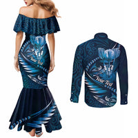 Personalised All Blue New Zealand Darts Couples Matching Mermaid Dress and Long Sleeve Button Shirt Aoteroa Fern Maori Galaxy Style