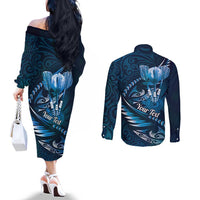 Personalised All Blue New Zealand Darts Couples Matching Off The Shoulder Long Sleeve Dress and Long Sleeve Button Shirt Aoteroa Fern Maori Galaxy Style