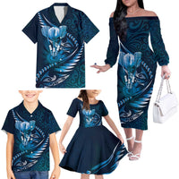 Personalised All Blue New Zealand Darts Family Matching Off The Shoulder Long Sleeve Dress and Hawaiian Shirt Aoteroa Fern Maori Galaxy Style