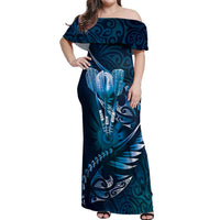 Personalised All Blue New Zealand Darts Off Shoulder Maxi Dress Aoteroa Fern Maori Galaxy Style