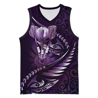 Personalised All Purple New Zealand Darts Basketball Jersey Aoteroa Fern Maori Galaxy Style - Polynesian Pride