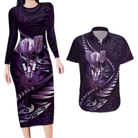 Personalised All Purple New Zealand Darts Couples Matching Long Sleeve Bodycon Dress and Hawaiian Shirt Aoteroa Fern Maori Galaxy Style