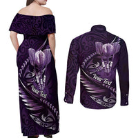Personalised All Purple New Zealand Darts Couples Matching Off Shoulder Maxi Dress and Long Sleeve Button Shirt Aoteroa Fern Maori Galaxy Style