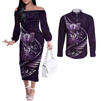 Personalised All Purple New Zealand Darts Couples Matching Off The Shoulder Long Sleeve Dress and Long Sleeve Button Shirt Aoteroa Fern Maori Galaxy Style