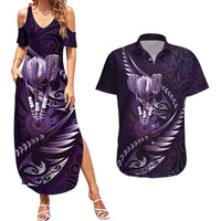 Personalised All Purple New Zealand Darts Couples Matching Summer Maxi Dress and Hawaiian Shirt Aoteroa Fern Maori Galaxy Style