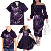 Personalised All Purple New Zealand Darts Family Matching Off The Shoulder Long Sleeve Dress and Hawaiian Shirt Aoteroa Fern Maori Galaxy Style