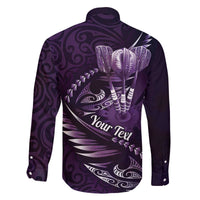 Personalised All Purple New Zealand Darts Family Matching Off The Shoulder Long Sleeve Dress and Hawaiian Shirt Aoteroa Fern Maori Galaxy Style