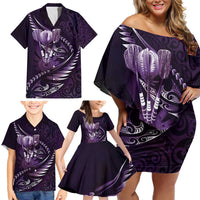 Personalised All Purple New Zealand Darts Family Matching Off Shoulder Short Dress and Hawaiian Shirt Aoteroa Fern Maori Galaxy Style