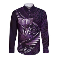 Personalised All Purple New Zealand Darts Long Sleeve Button Shirt Aoteroa Fern Maori Galaxy Style