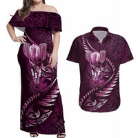 Personalised All Pink New Zealand Darts Couples Matching Off Shoulder Maxi Dress and Hawaiian Shirt Aoteroa Fern Maori Galaxy Style