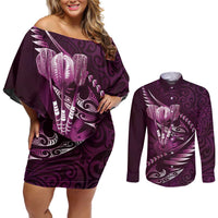 Personalised All Pink New Zealand Darts Couples Matching Off Shoulder Short Dress and Long Sleeve Button Shirt Aoteroa Fern Maori Galaxy Style
