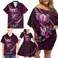 Personalised All Pink New Zealand Darts Family Matching Off Shoulder Short Dress and Hawaiian Shirt Aoteroa Fern Maori Galaxy Style