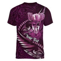 Personalised All Pink New Zealand Darts Women V-Neck T-Shirt Aoteroa Fern Maori Galaxy Style