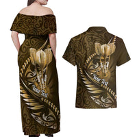 Personalised All Gold New Zealand Darts Couples Matching Off Shoulder Maxi Dress and Hawaiian Shirt Aoteroa Fern Maori Galaxy Style