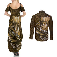Personalised All Gold New Zealand Darts Couples Matching Summer Maxi Dress and Long Sleeve Button Shirt Aoteroa Fern Maori Galaxy Style