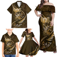 Personalised All Gold New Zealand Darts Family Matching Off Shoulder Maxi Dress and Hawaiian Shirt Aoteroa Fern Maori Galaxy Style