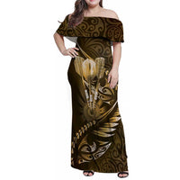 Personalised All Gold New Zealand Darts Family Matching Off Shoulder Maxi Dress and Hawaiian Shirt Aoteroa Fern Maori Galaxy Style