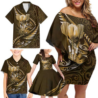 Personalised All Gold New Zealand Darts Family Matching Off Shoulder Short Dress and Hawaiian Shirt Aoteroa Fern Maori Galaxy Style