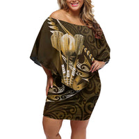Personalised All Gold New Zealand Darts Family Matching Off Shoulder Short Dress and Hawaiian Shirt Aoteroa Fern Maori Galaxy Style