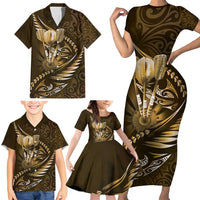 Personalised All Gold New Zealand Darts Family Matching Short Sleeve Bodycon Dress and Hawaiian Shirt Aoteroa Fern Maori Galaxy Style