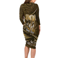 Personalised All Gold New Zealand Darts Long Sleeve Bodycon Dress Aoteroa Fern Maori Galaxy Style